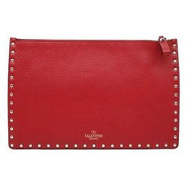 Valentino Clutch de couro vermelho estampado com Rockstuds dourados Vermelho