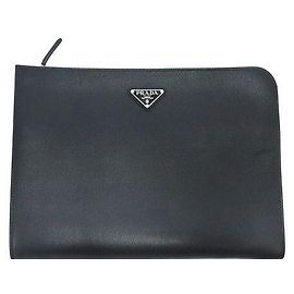 Prada Black Saffiano Silver-Tone Triangle Logo Pouch Clutch Black