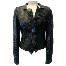 Hugo Boss Black Leather Quilted Ruffled Jacket Black