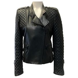Barbara Bui Black Leather Quilted Sleeve Moto Jacket Black