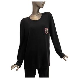 Chanel Langarm-Top aus schwarzer Wolle mit Wappen-Patch Schwarz