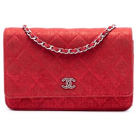 Chanel Red CC Quilted Metallic Fabric Wallet On Chain Red
