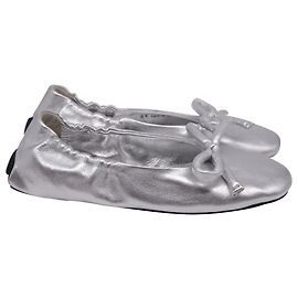 Prada Bow Ballet Flats in Metallic Silver Leather  Silvery Metallic