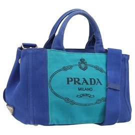 PRADA Canapa PM Bolsa de Mão Canvas 2way Azul Tom Dourado Outro