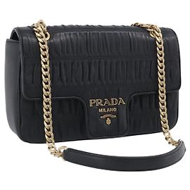PRADA Gathered Chain Shoulder Bag Leather Black Gold Tone Altro