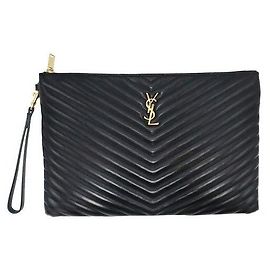 Autre Marque Black Matelassé Monogram Document Holder Strap Clutch Black