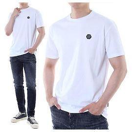 Philipp Plein Steel Leder-Patch Basic Round T-Shirt (White) Weiß