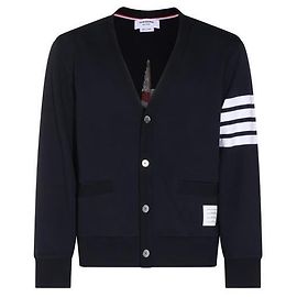 Thom Browne Loop Back Bar Embroidered Cardigan Navy Blue