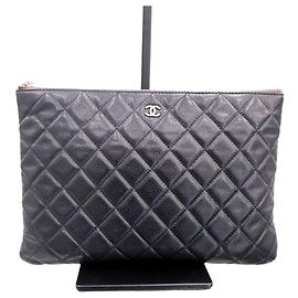 Chanel Pochette Caviar Medium Silver Clutch Black Noir