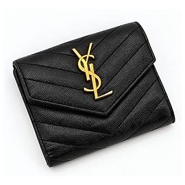 Autre Marque Matelassé Leather Compact Wallet Black Gold Black