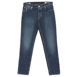 Brunello Cucinelli Washed Leg Denim Pants with Leather Patch Logo Pockets Blue