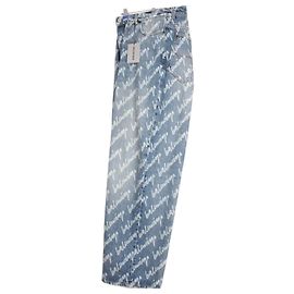 Balenciaga Multi Logo Washed Denim Pants Blue