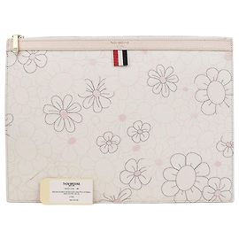 Thom Browne Medium Flower Printing Pebble Grain Leather Document Holder Clutch White Light Pink White