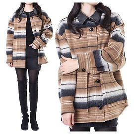 Isabel Marant DAYVI Leather Collar Wool Stripe Coat Camel Brown