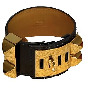Hermès Collier de Chien black leather bracelet Black Gold hardware