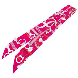 Lenço Twilly de seda Hermès Panoplie Equestre Rosa Rosa
