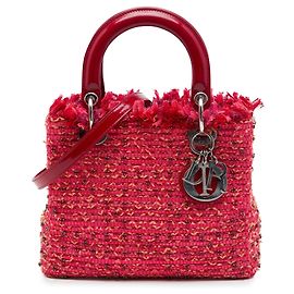 Borsa Lady Dior Medium in tweed rosso con frange e strass Rosso