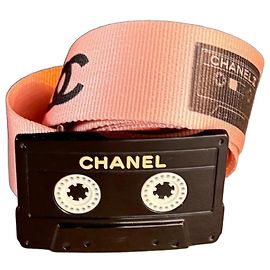 Chanel Pink Canvas Cassette Buckle Belt Black Pink