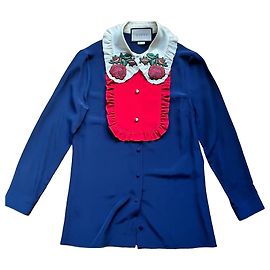 Camicetta Gucci in seta blu con colletto floreale Bianco Rosso Blu