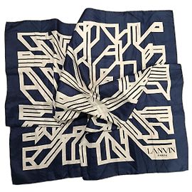 Lanvin Navy Blue Geometric Print Silk Scarf White Blue