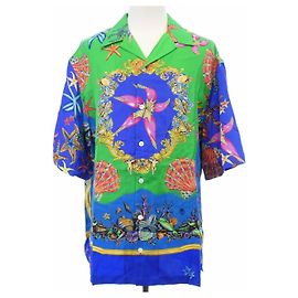 Camicia a maniche corte in seta Versace Blu Verde