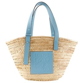 Bolsa Bucket Loewe Marrom e Azul Claro em Couro e Ráfia Marrom Azul claro
