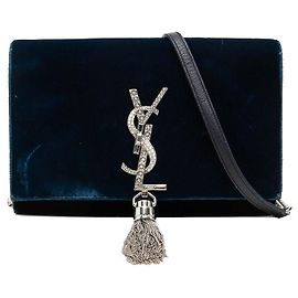 Yves Saint Laurent Bolsa de Corrente Saint Laurent Kate em Veludo e Strass Azul