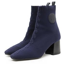 Hermès Hermes Knit H Logo Leather Patch Block Heel Boots Blue Navy blue