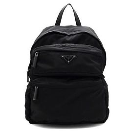 Prada Mochila de nylon preta com logótipo prateado Preto