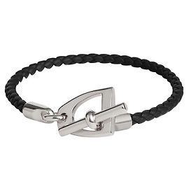 Pulseira Hermès Etrier Preta de Couro Swift Prata