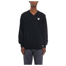 Comme Des Garcons AX Strickpullover mit weißem Herz-Applikation und V-Ausschnitt Schwarz