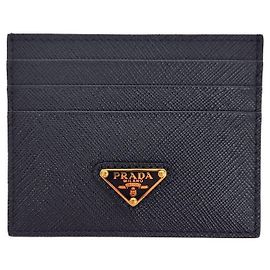Prada Saffiano Triangle Logo Card Holder Black Black