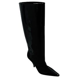 Bally Black Pointed Toe Patent Leather Tall Boots Black