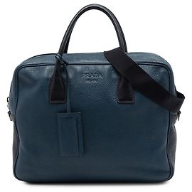 Blue Prada Bicolor Vitello Daino Business Bag Blue