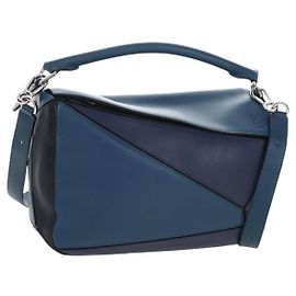 LOEWE Puzzle Handtasche Leder 2way Blau Silber Andere