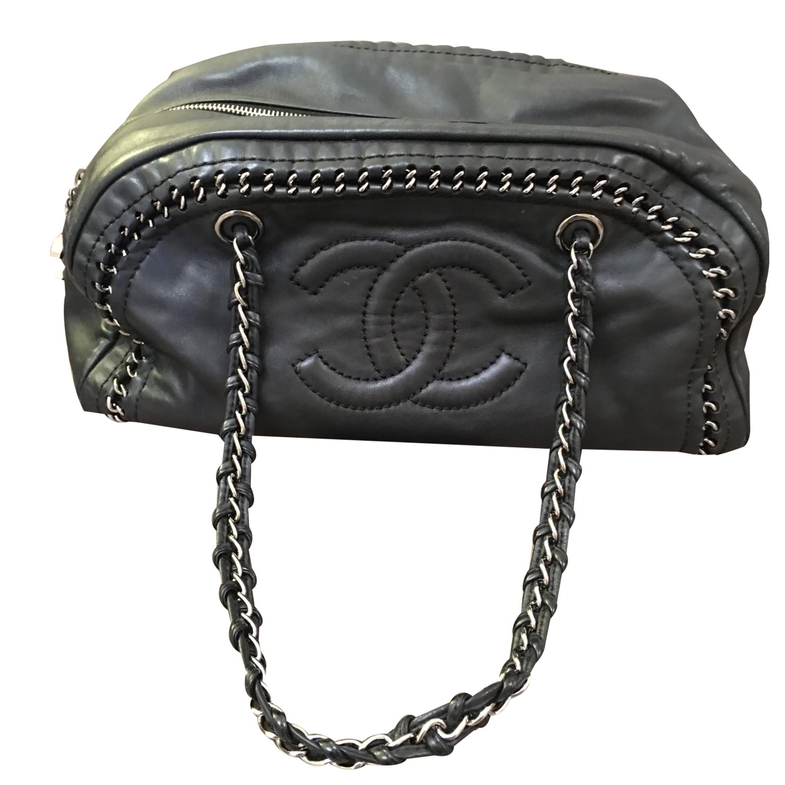 Chanel Luxury Ligne Bowler Black Lambskin with Silver Chains Leather   - Joli Closet