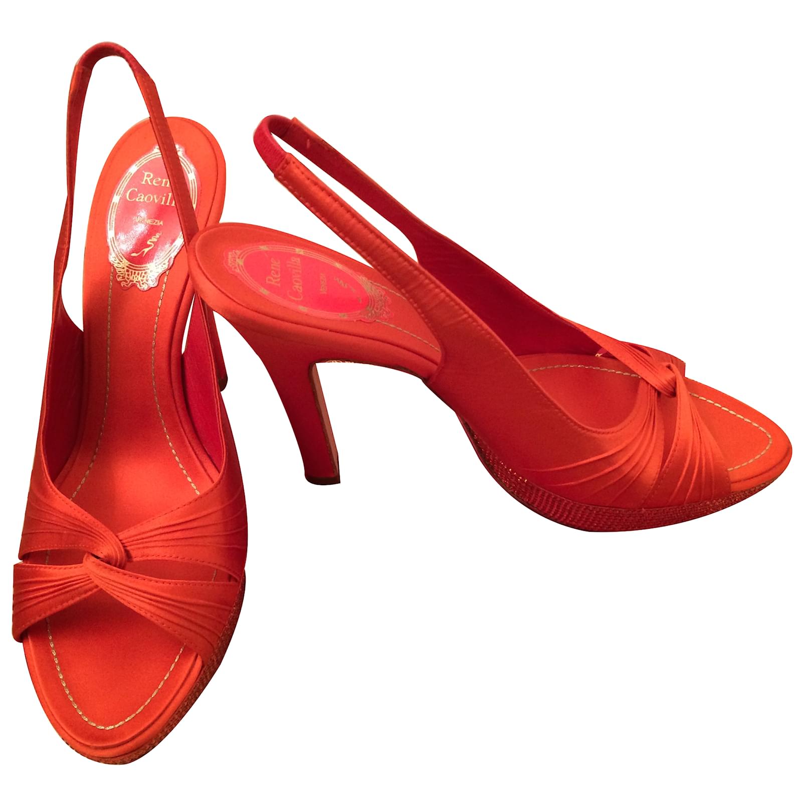 red satin sandals