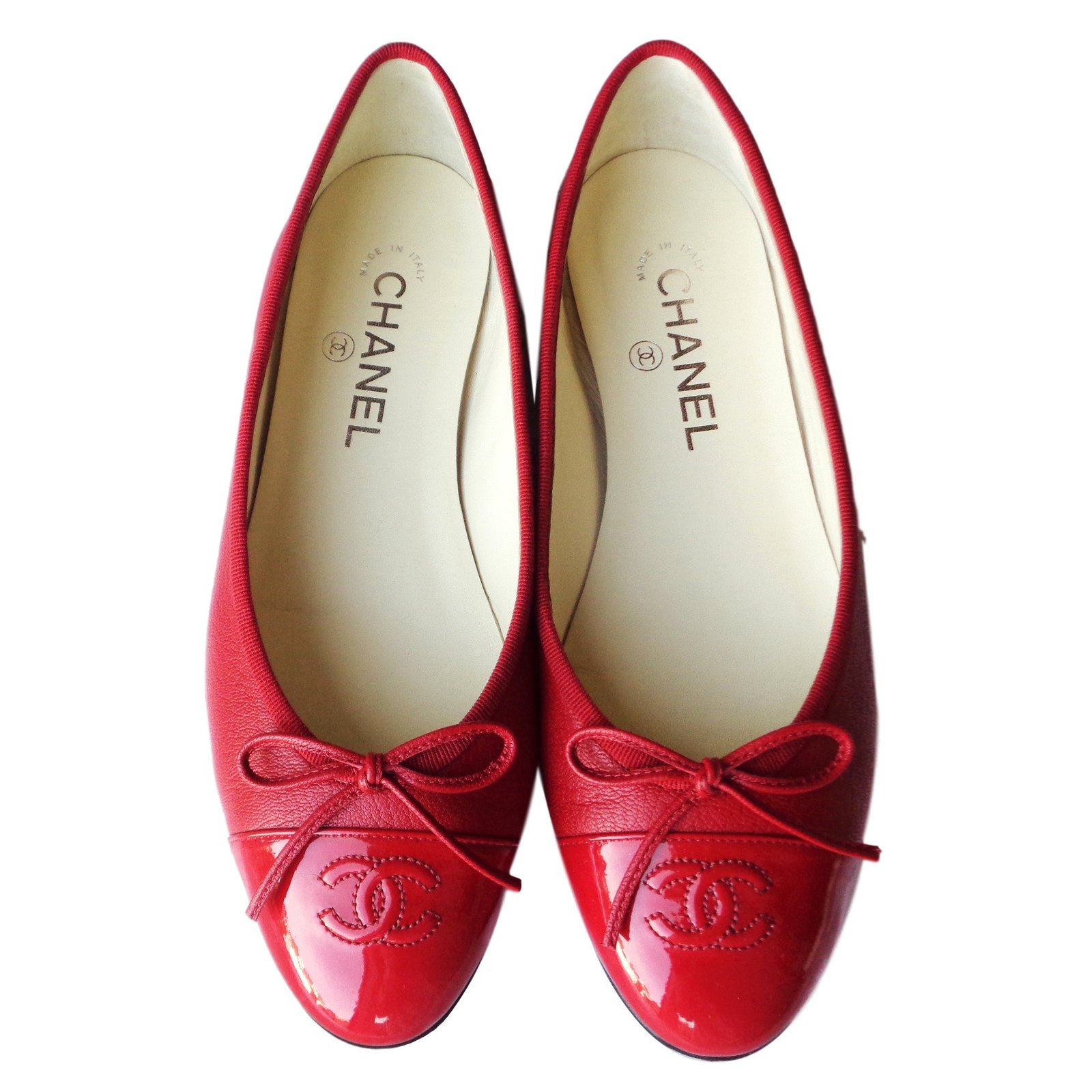 Chanel Red Leather CC Cap Toe Ballet Flats - Chanel