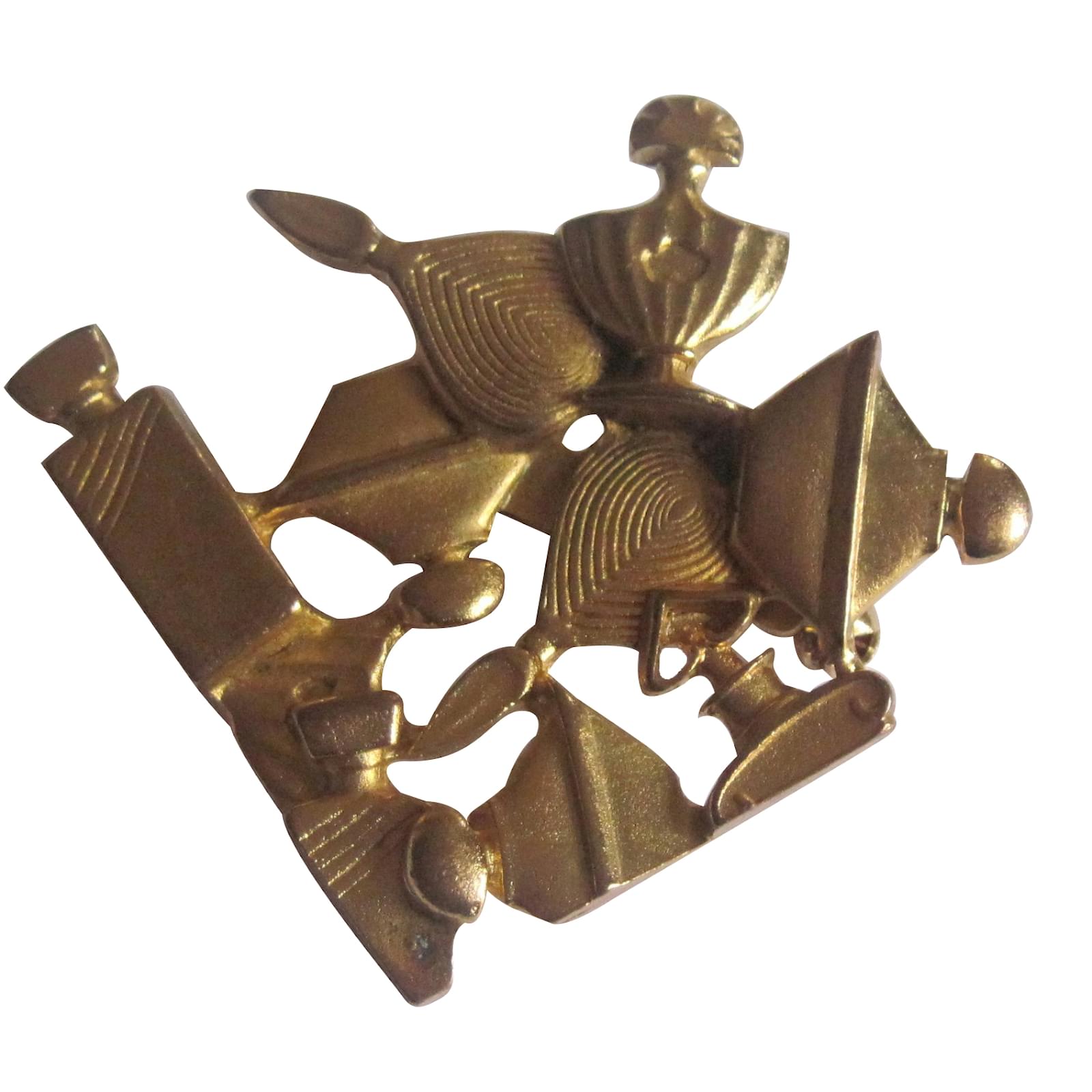 Grande broche vintage haut de gamme ajourée en métal doré avec fausses perles médaillon fleur - France
