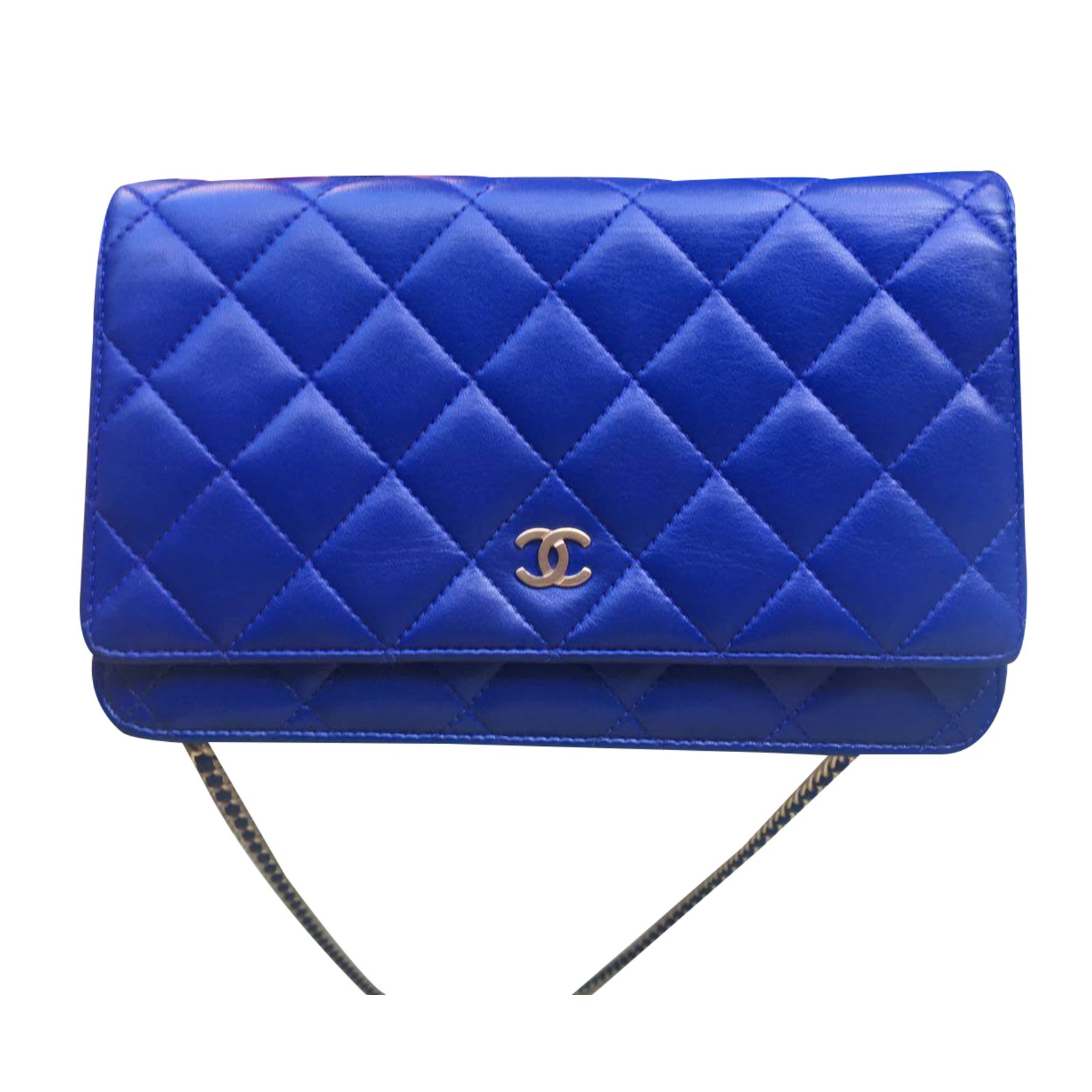 Wallet On Chain Chanel Blue Quilted Lambskin Leather WOC Clutch