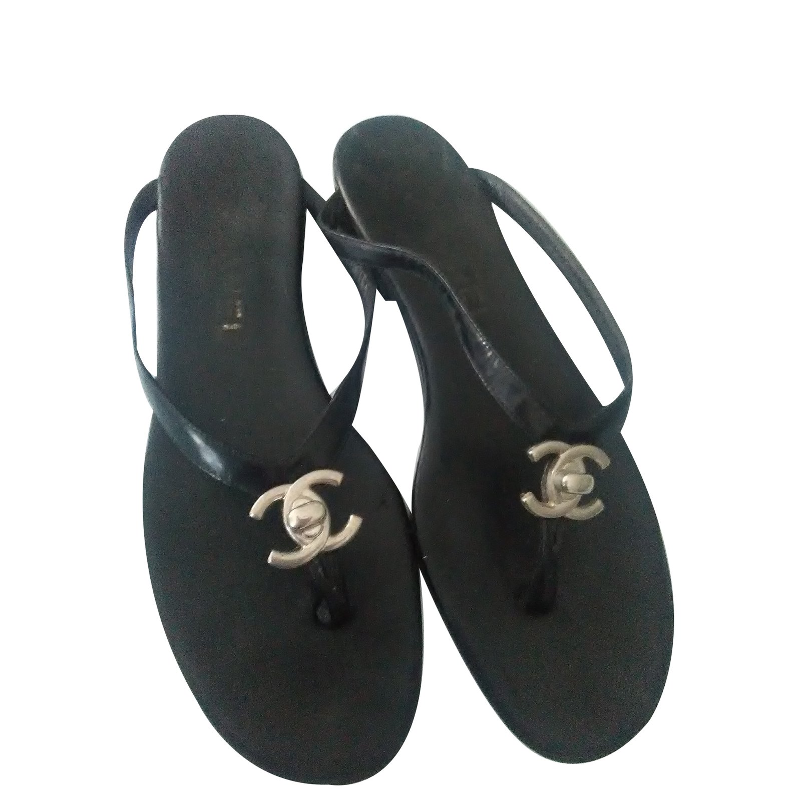 CHANEL, Shoes, Chanel Black Leather Dad Sandals Double C Gold Chain Flats  Slides Open Toe Shoes
