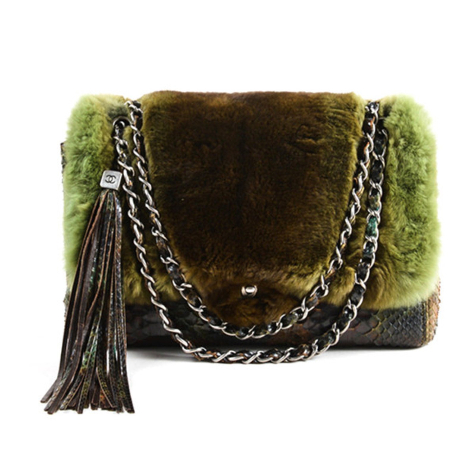 Chanel Jumbo Classic Fur and Python Leather Flap Bag Green