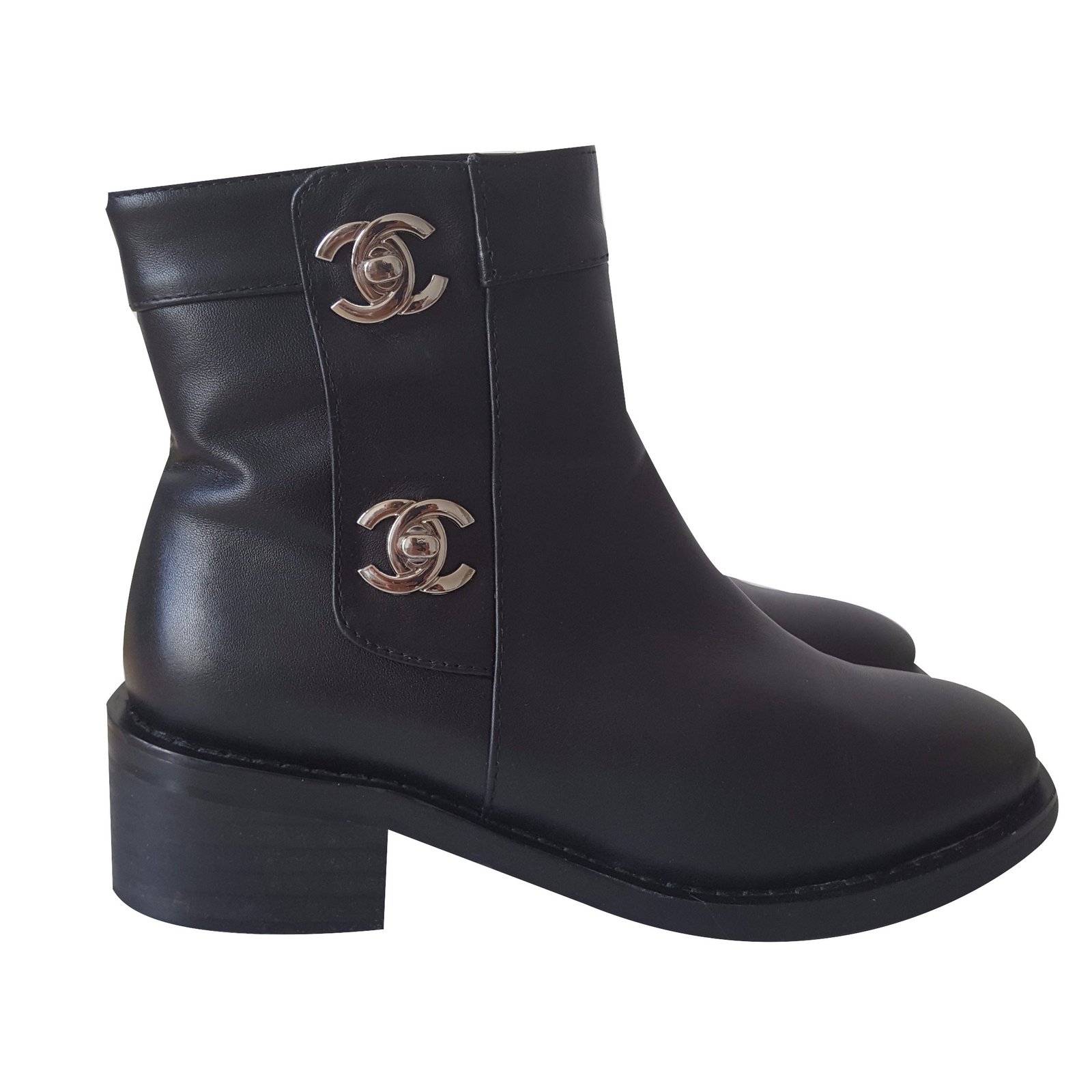 chanel black leather ankle boots