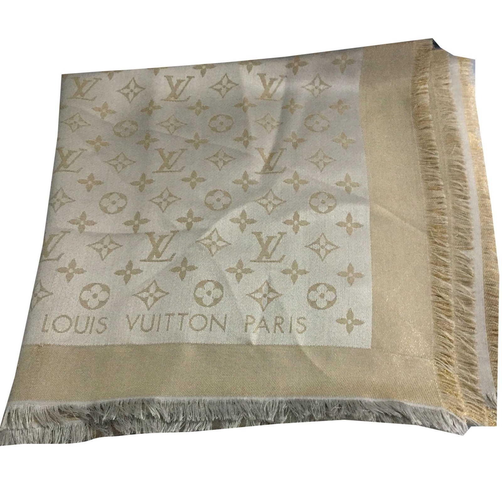 Louis Vuitton Ribbon Scarf Bandeau Monogram Brown Ivory Silver Gold Studs  Ladies h23593b
