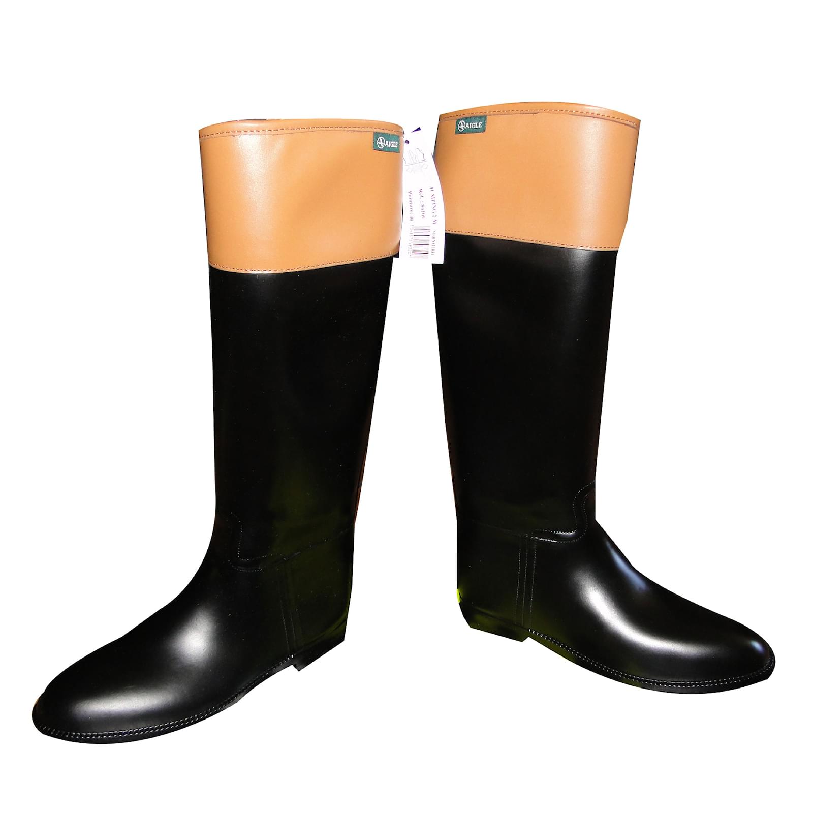 Aigle Bottes Jumping quitation Caoutchouc Noir Beige ref.48453