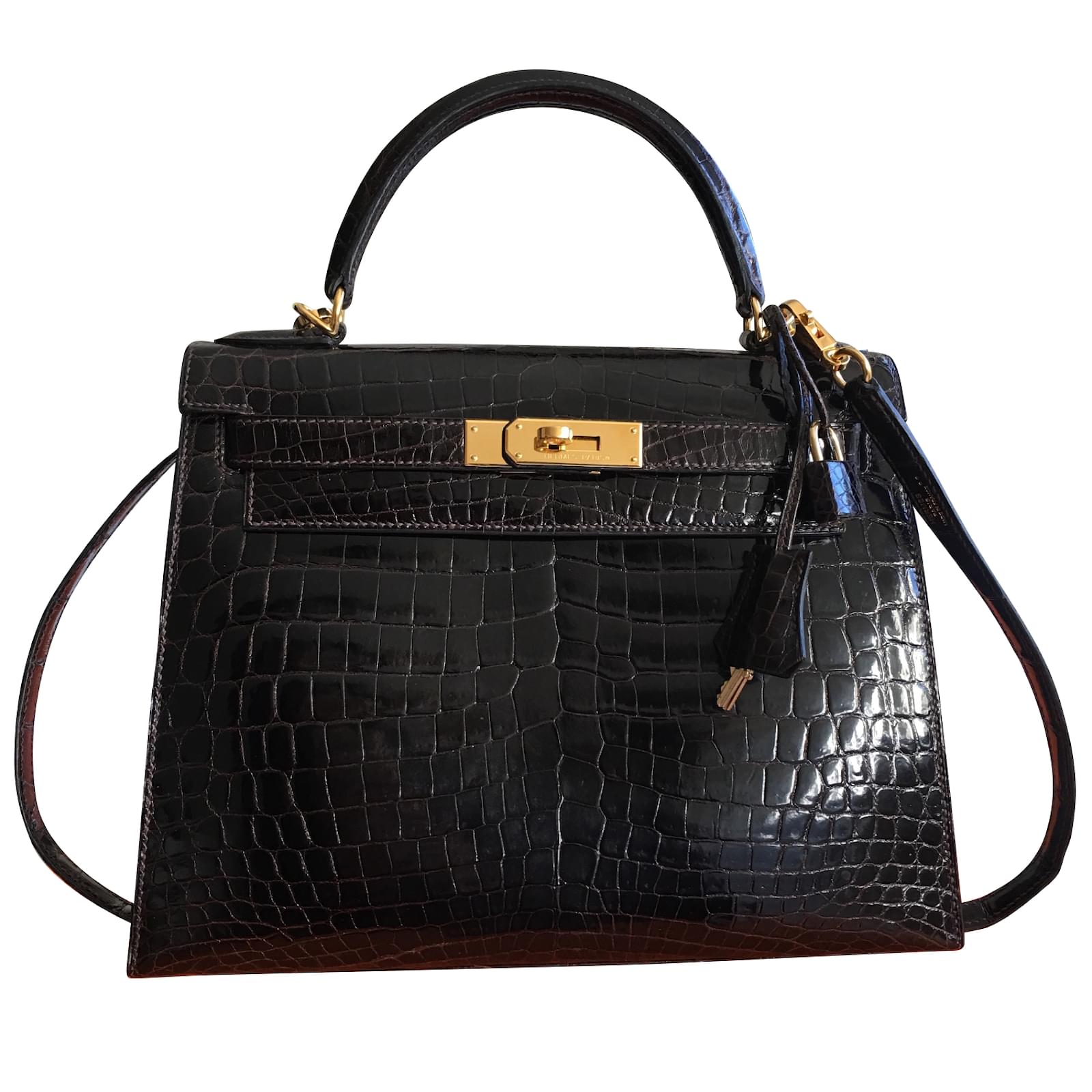 Hermès HERMES Kelly Crocodile Niloticus Handbags Exotic leather Ebony ref.49523 - Joli Closet