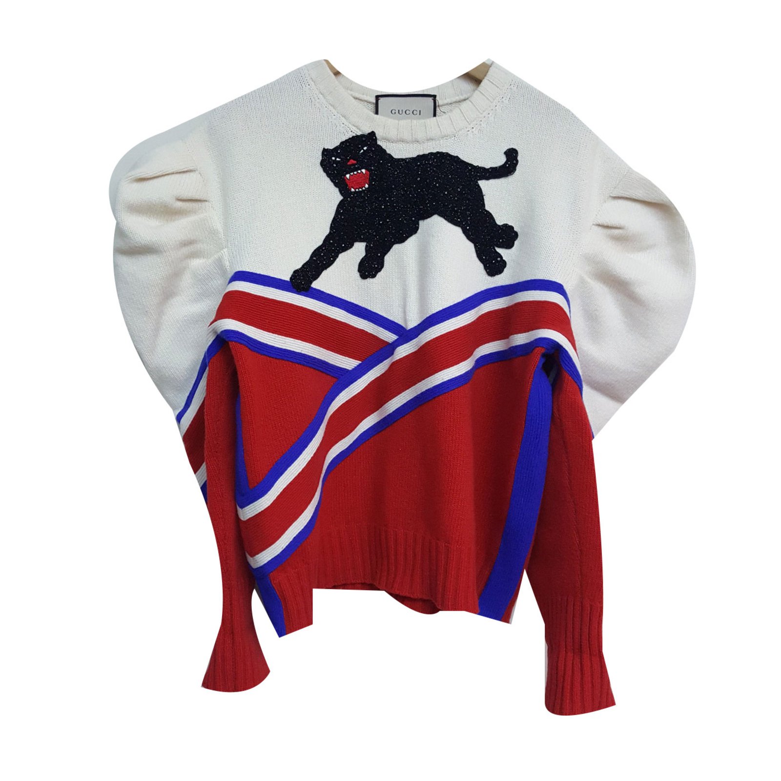 legeplads unlock Trampe Gucci Panther Appliqué Pleated Shoulder Wool Sweater Black White Red Blue  ref.49648 - Joli Closet