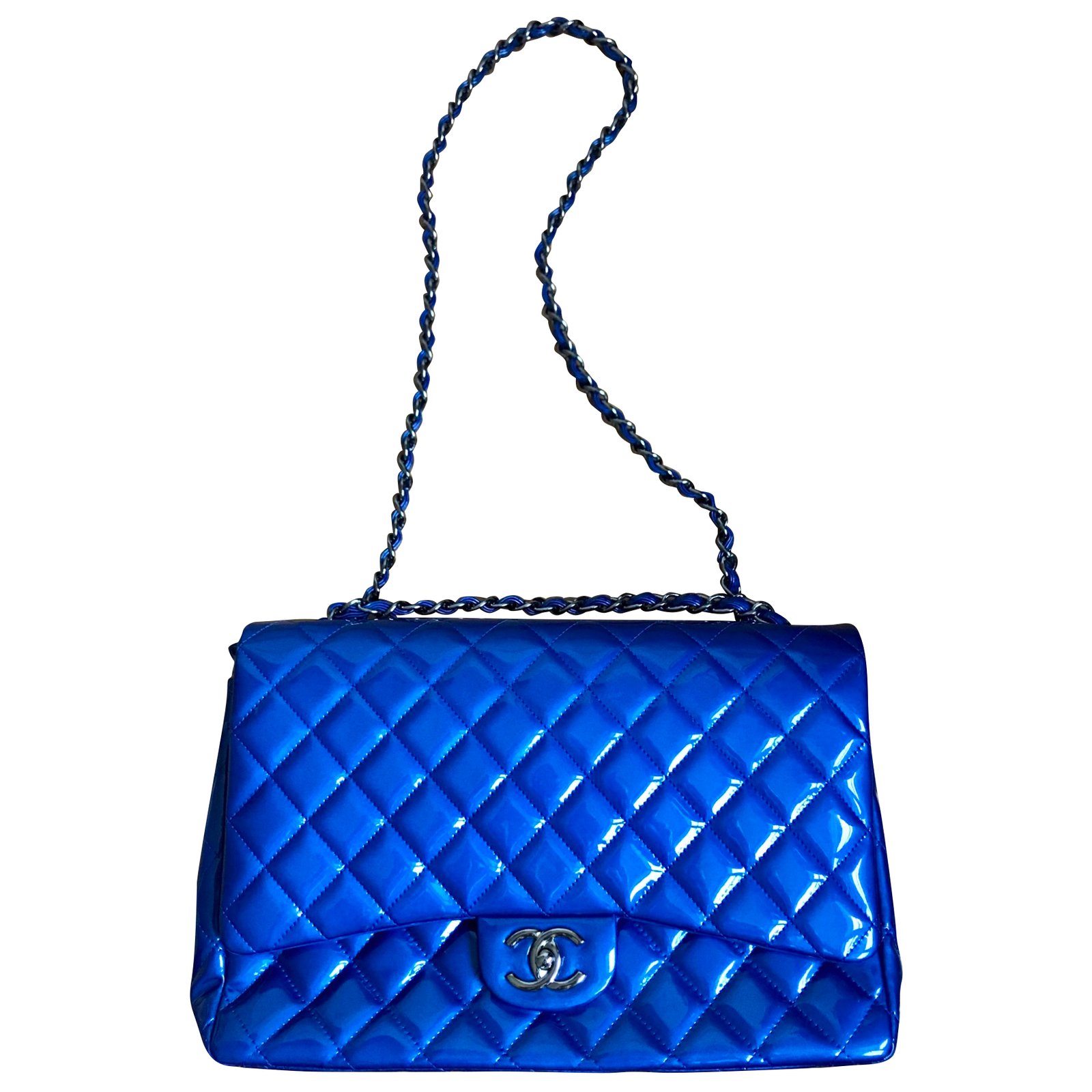 Chanel Timeless Jumbo Blue Patent - Designer WishBags