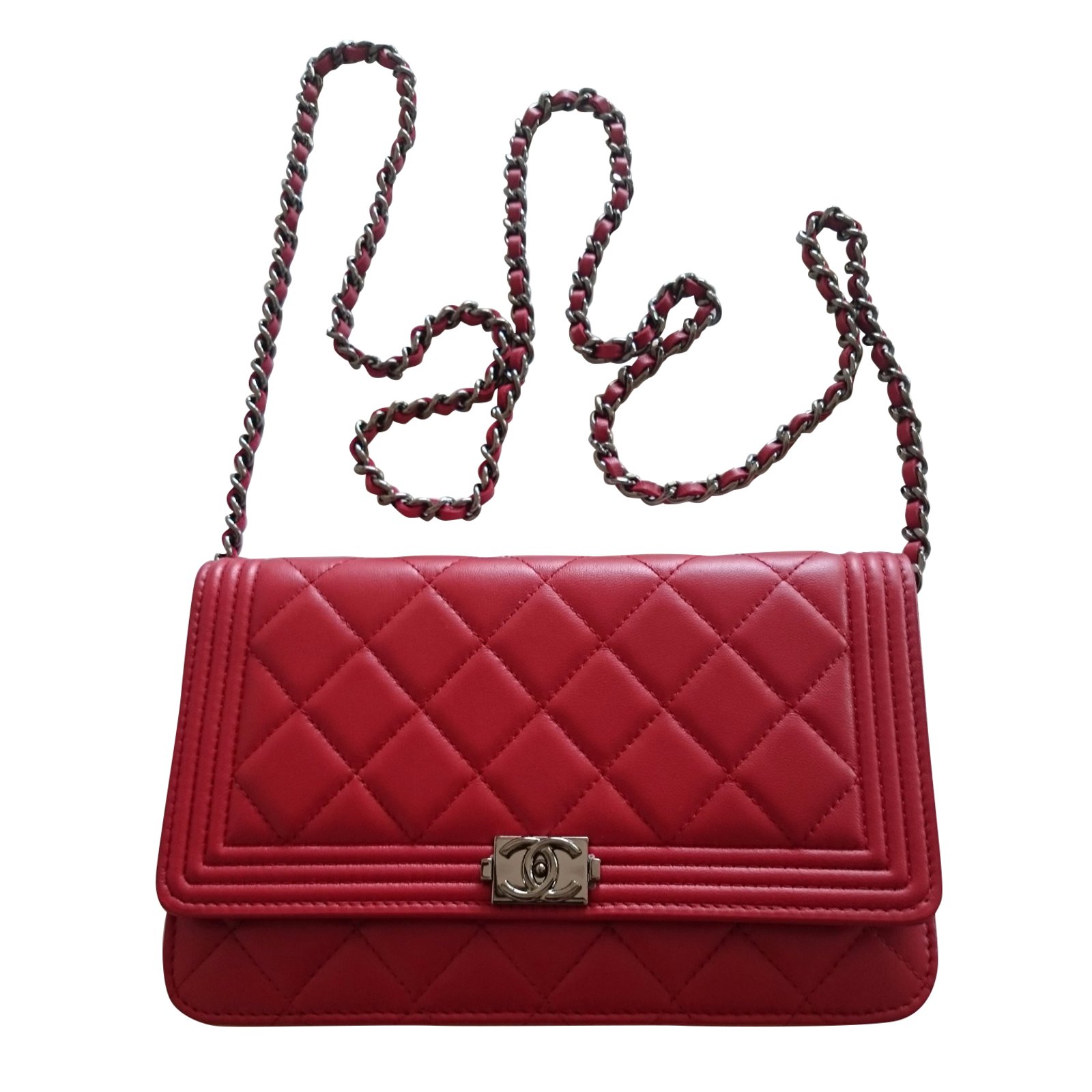 Chanel - Red Quilted Lambskin Classic Wallet on Chain (WOC)