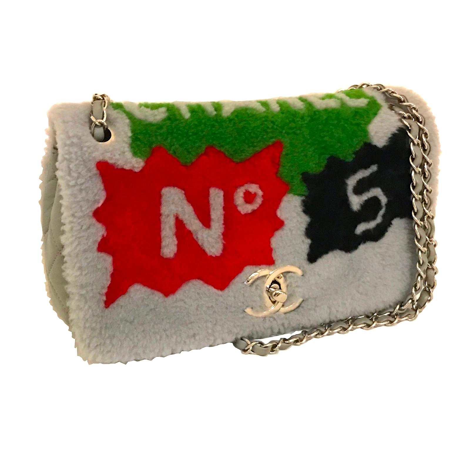 100 % Chanel Patchwork No. 5 Comic Shearling flap bag in grey